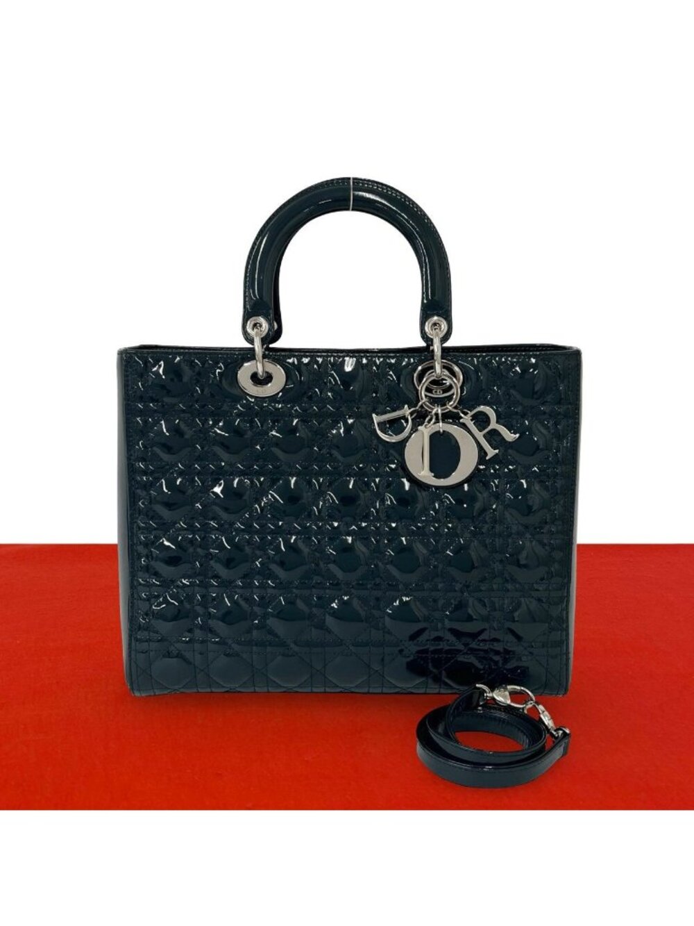 Dior Lady Cannage Stitch Patent Leather 2-Way Shoulder Bag Dark Green